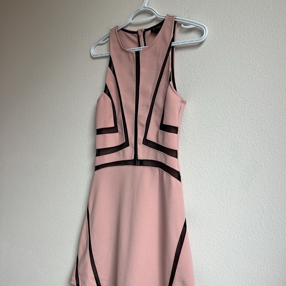 Topshop Dusky Pink Short Skater Sleeveless Black Mesh Inset Stripe Dress - Picture 5 of 11